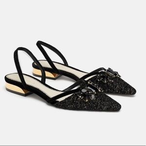NWT ZARA Black Tweed Bejeweled Slingback Flats